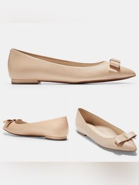 Cole Haan Elsie Nude Bow Pointed-Toe Flats with Gold Accent